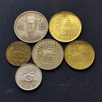 【全场包邮】纯粹捡漏拍514场 - 韩国1967-1975年6枚套币-含特年1972年50元