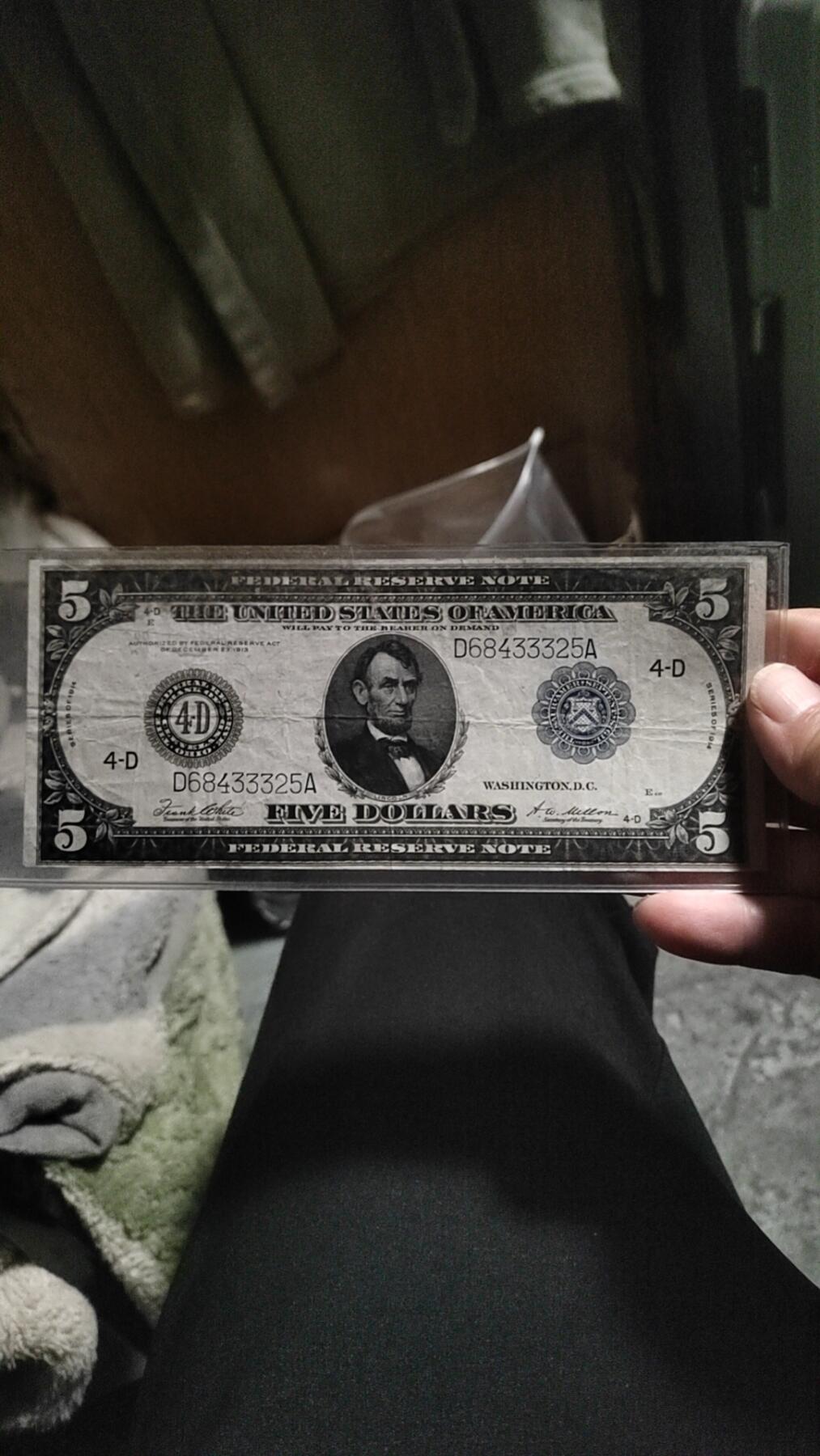 1914年5美元，早期美联储券，大尺寸版，品相如图