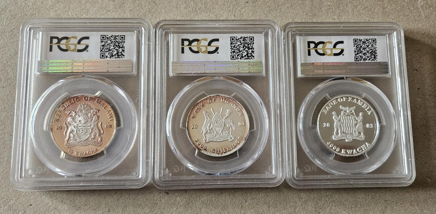 【币将精彩】世界钱币拍卖（2026-4-1） 多国联合发行2004年雅典奥运纪念银币一组PCGS 有氧化 全套三枚，赞比亚，马拉维和乌干达联合发行，每枚20克，发行量500套。