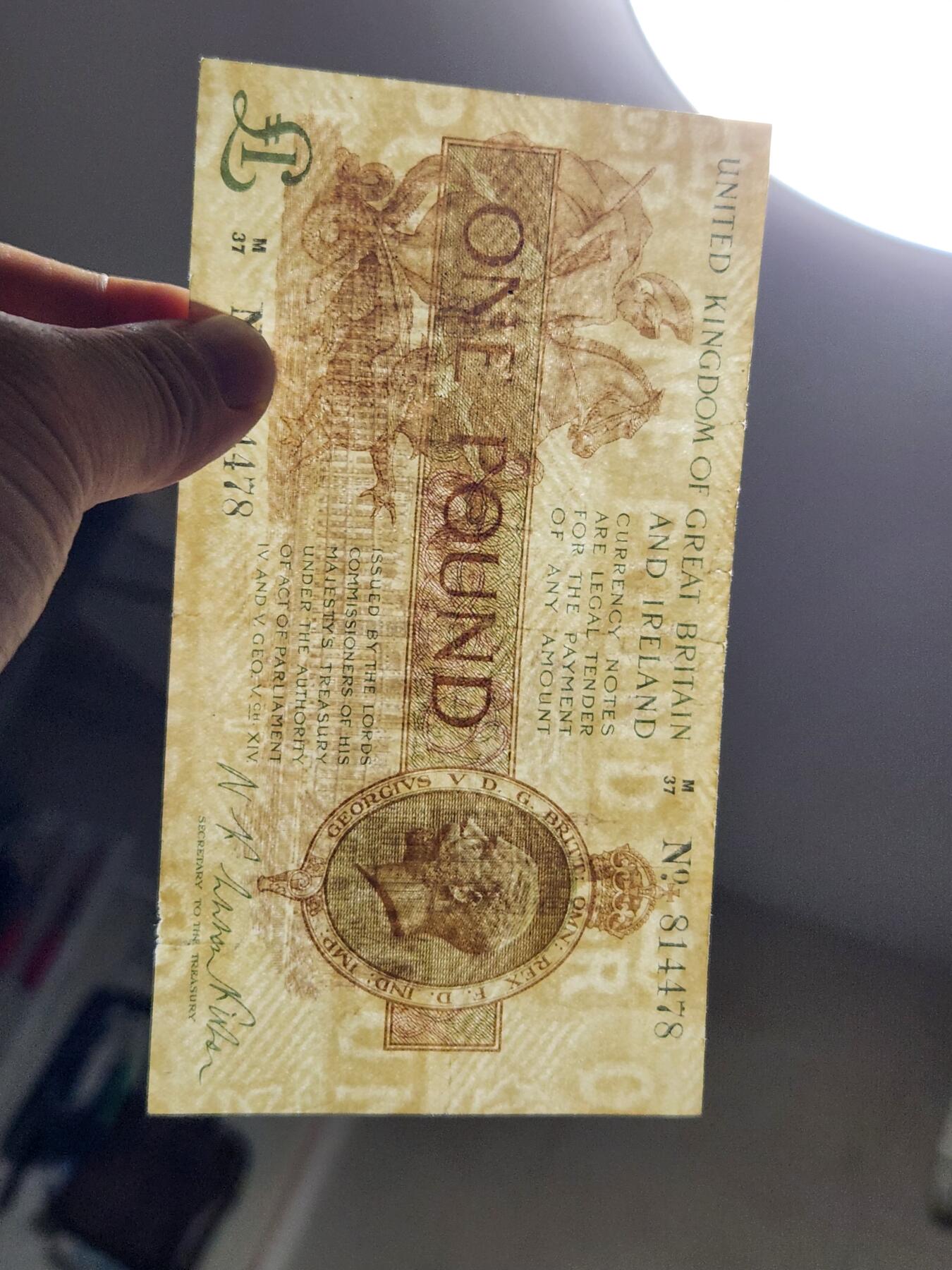 3月25号晚上8点 外国纸币自动截拍第45场 英格兰珍稀纸币 马剑1镑 英国1919年1镑