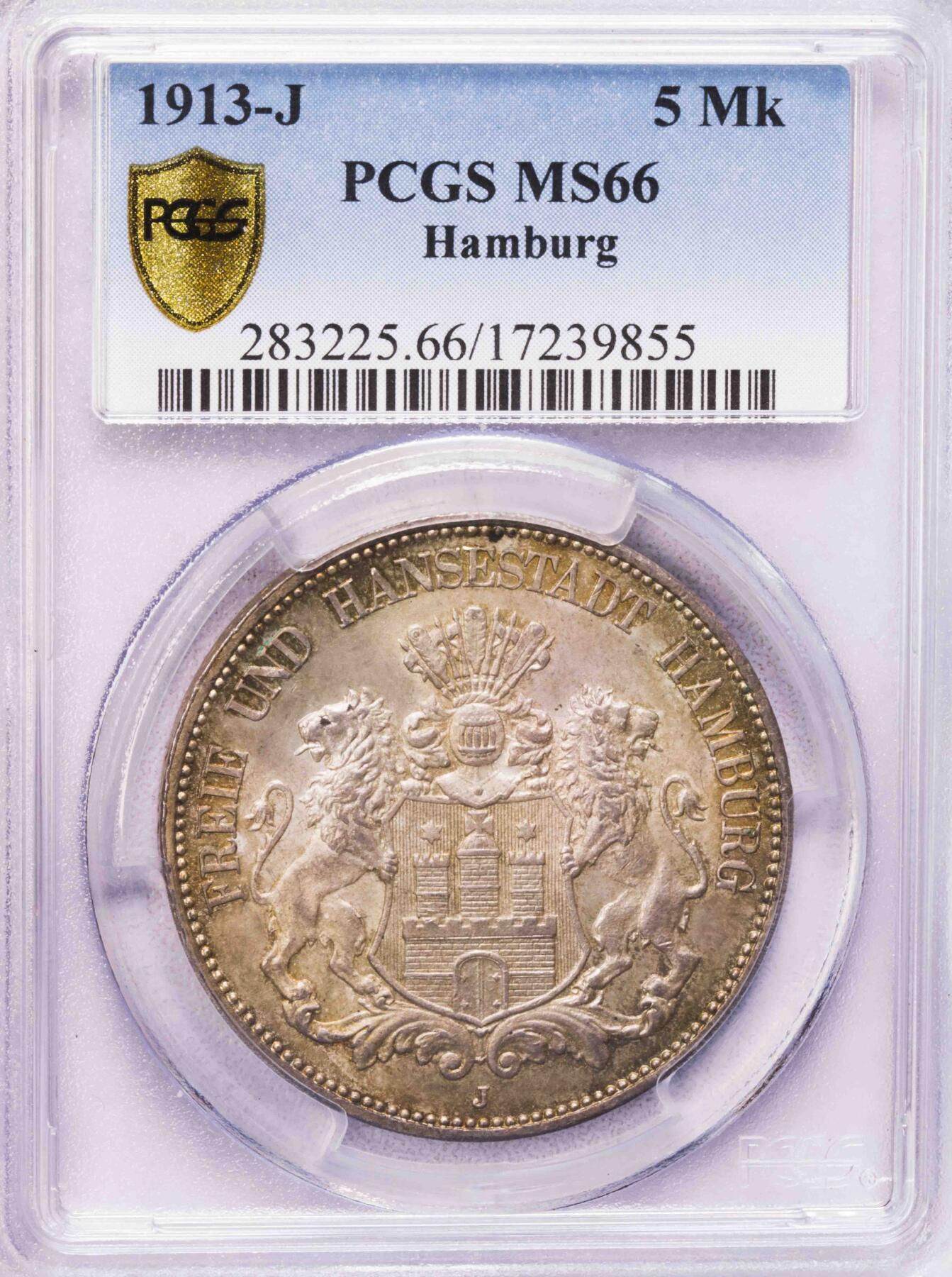 PCGS-MS66 1913汉堡5马克 冠军顶级状态