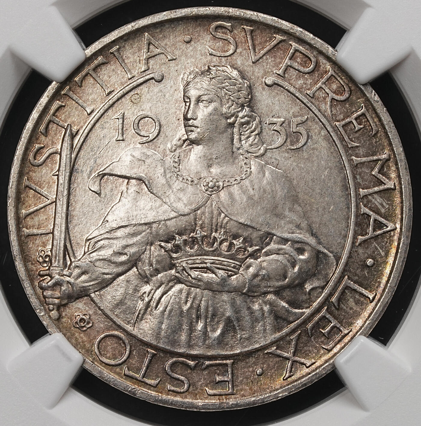修遠堂世界钱币第109期 NGC MS64 1935年圣马力诺10里拉银币，纸袋包浆
