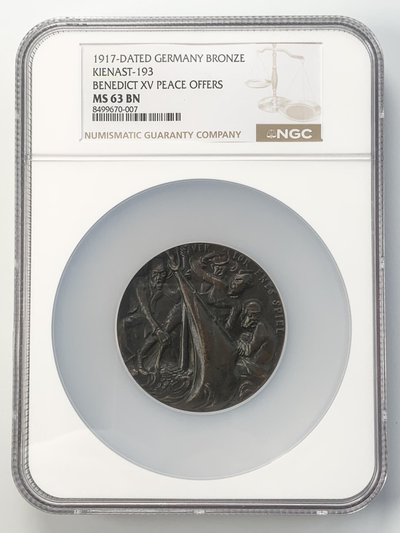 掌中浮雕-藏着的欧洲第056场 NGC MS63 : 1917年教皇本笃十五世的和平提议纪念铜章，58mm，大师卡尔哥茨作品 ，哥茨目录：193#