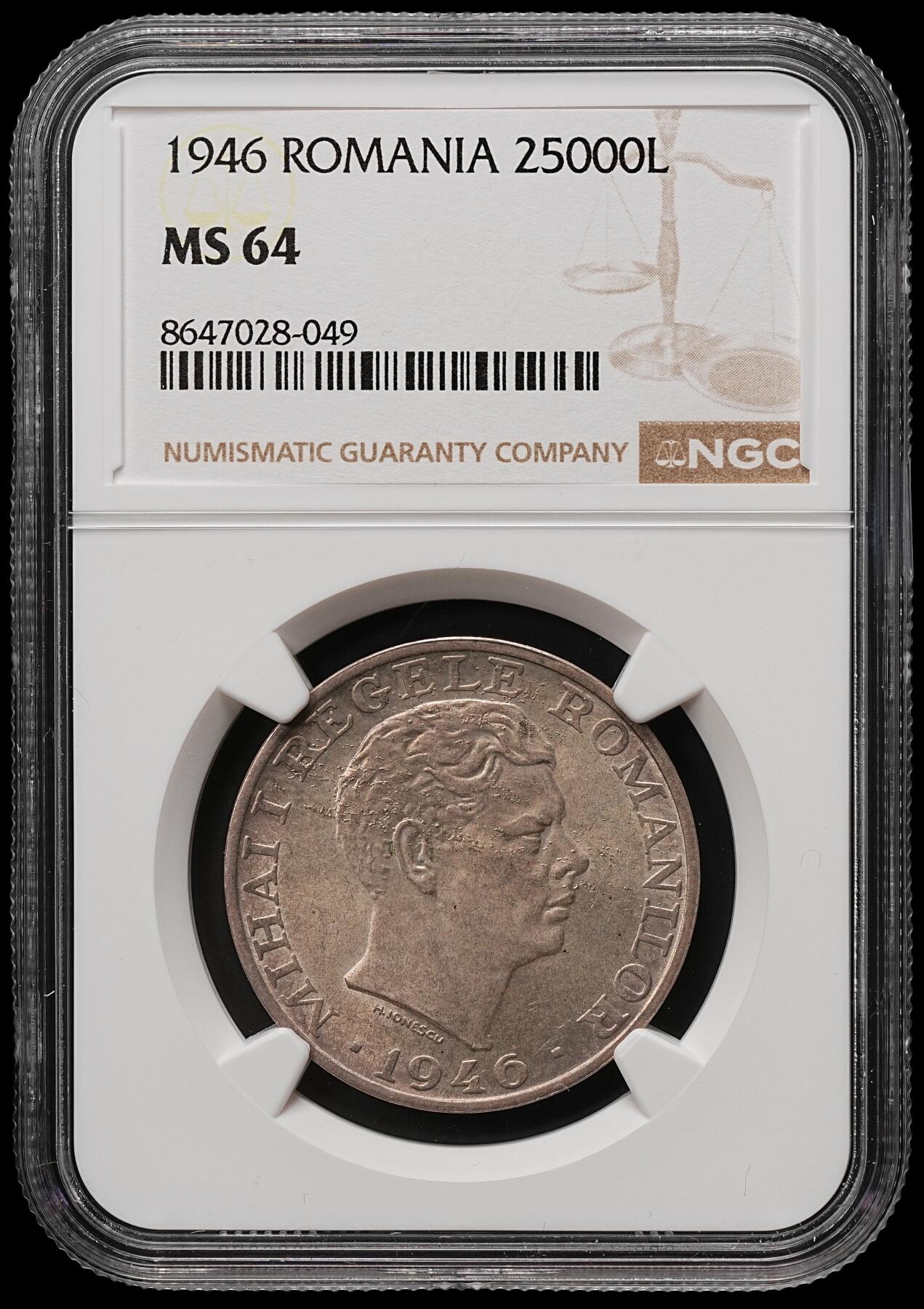 修遠堂世界钱币第109期 NGC MS64 1946年罗马尼亚米哈伊一世25000列伊银币