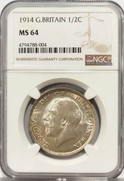 博洋堂“芳菲春韵”3月精品大拍专场暨第166期（全场包邮） - NGC MS64 英国1914年乔治五世1/2克朗银币，乔五早期高银版，较1915、1918等常见年份更难得。