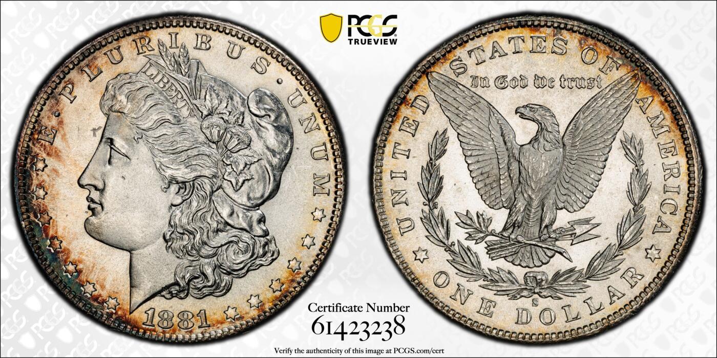博洋堂“芳菲春韵”3月精品大拍专场暨第166期（全场包邮） PCGS MS66 美国1881年S版摩根银币，双面环绕包浆