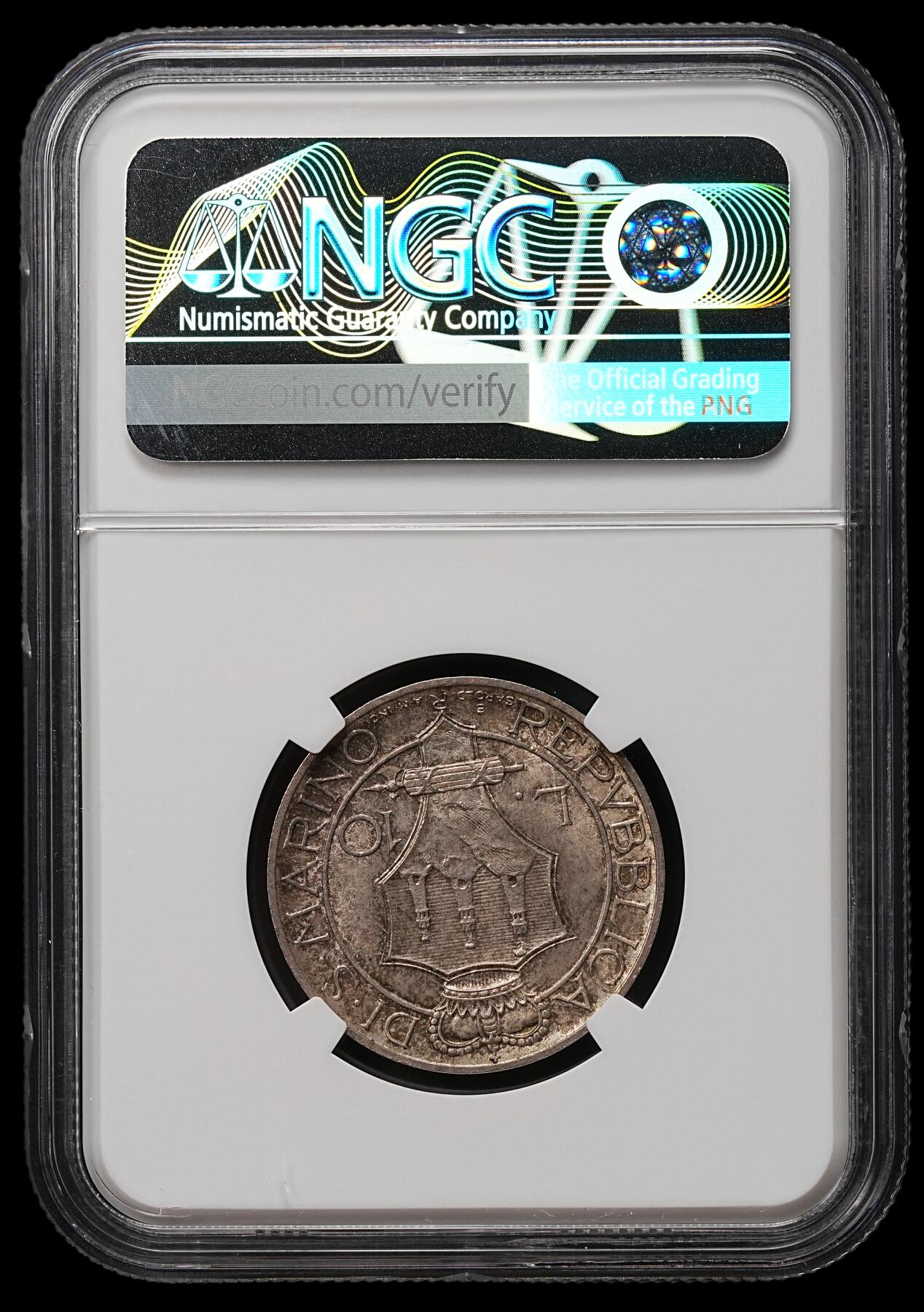 修遠堂世界钱币第109期 NGC MS64 1931年圣马力诺10里拉银币，纸袋包浆