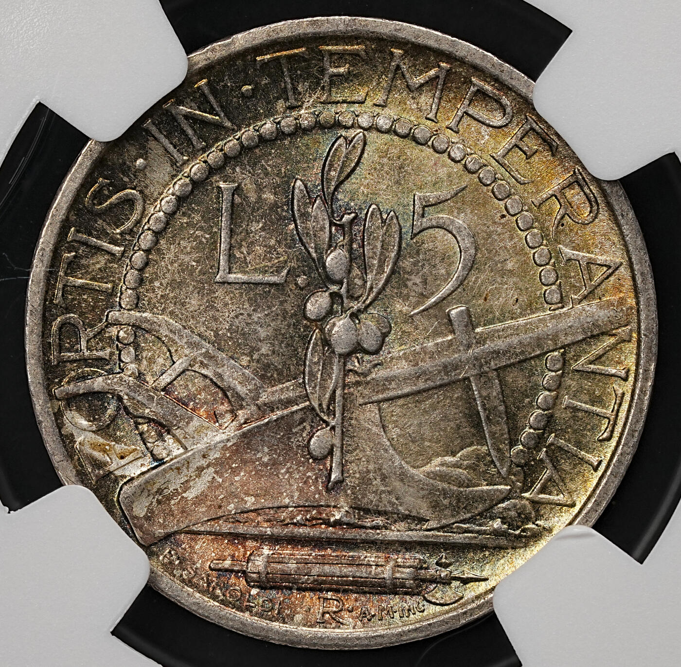 修遠堂世界钱币第109期 NGC MS65 1938年圣马力诺5里拉银币，幻彩