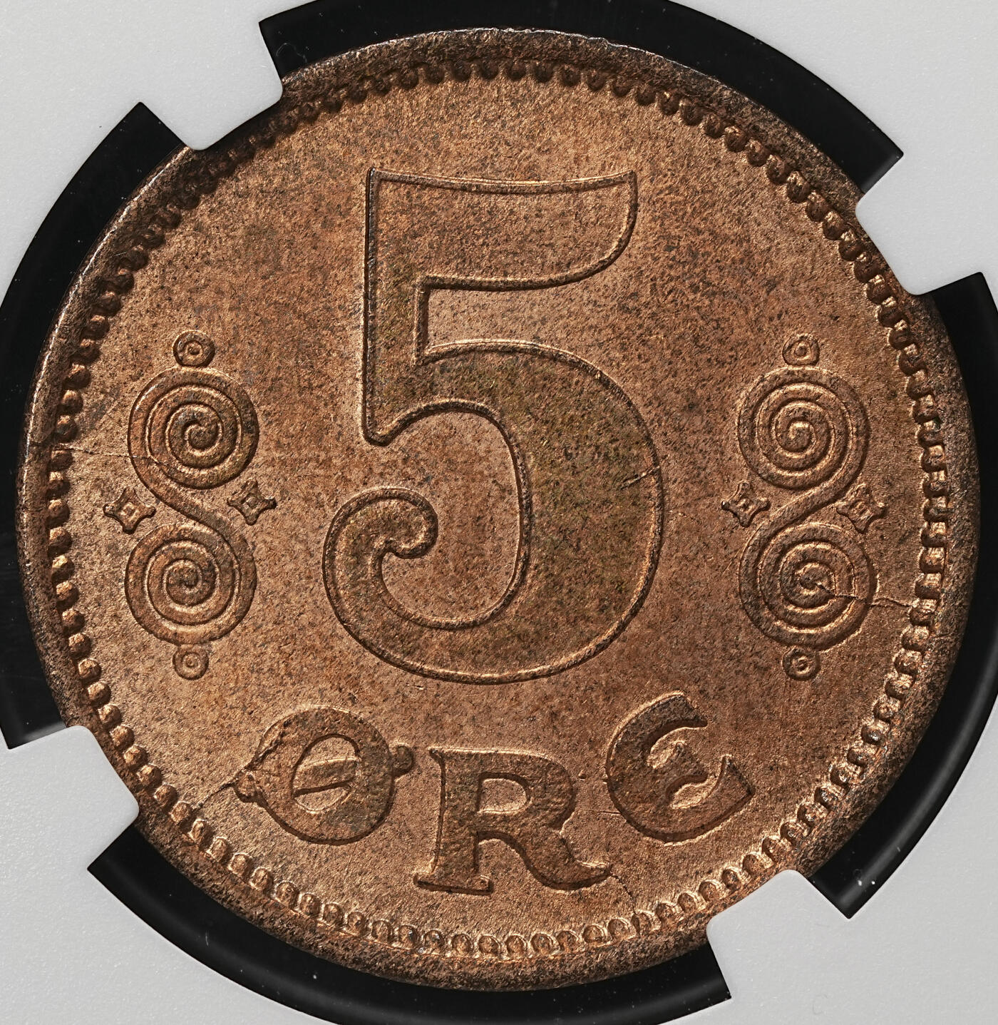 修遠堂世界钱币第109期 NGC MS64RB 1916年丹麦5欧尔铜币 较少见年份 铸造量只有80多万枚