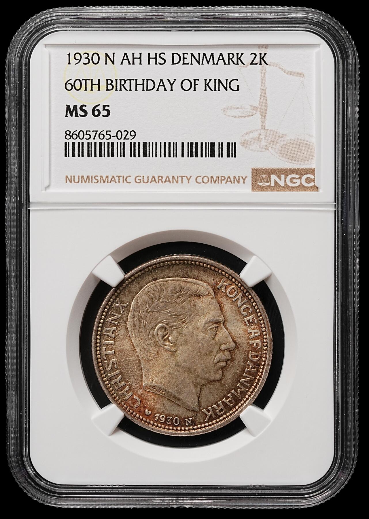 修遠堂世界钱币第109期 NGC MS65 1930年丹麦国王60大寿纪念2克朗银币
