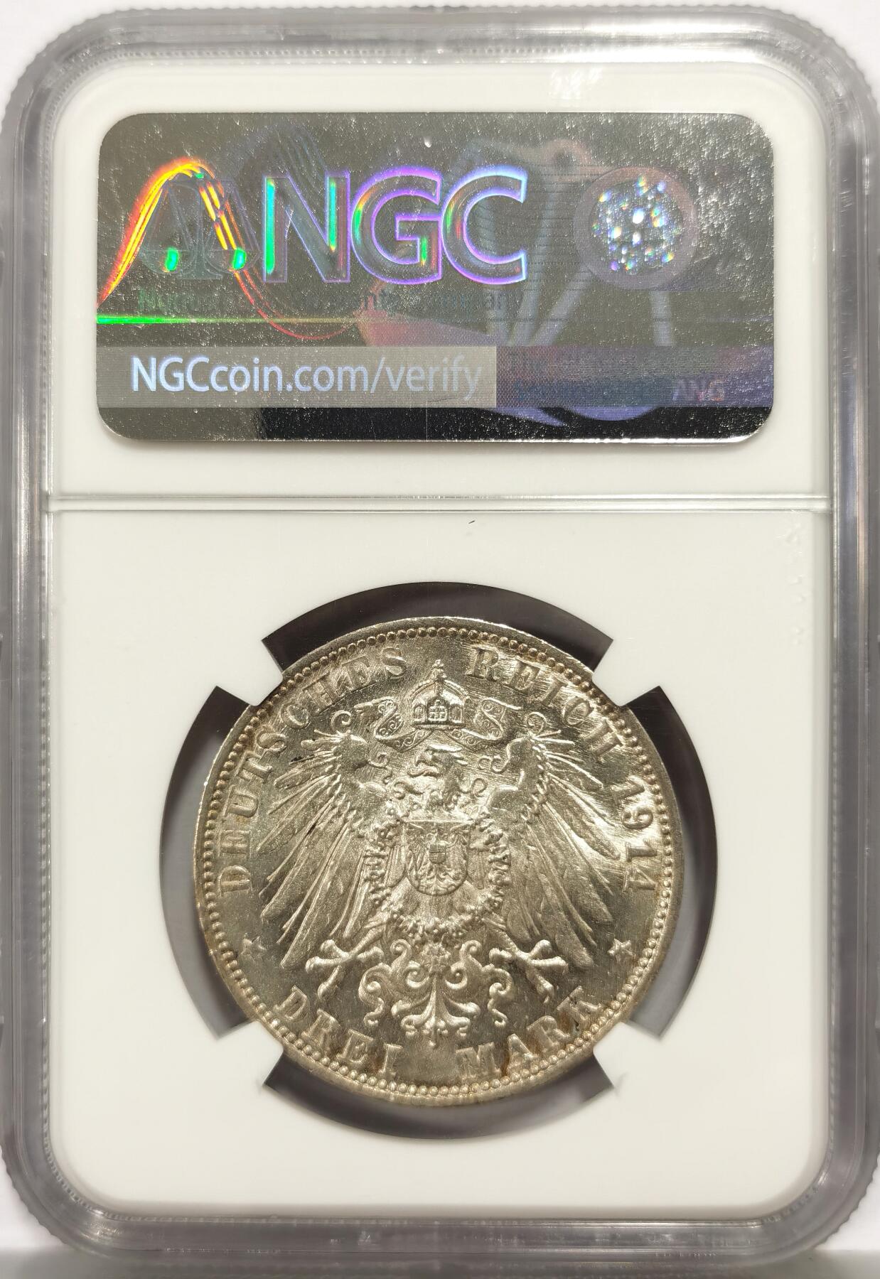 博洋堂“芳菲春韵”3月精品大拍专场暨第166期（全场包邮） NGC MS62 德国符腾堡1914年威廉二世3马克银币，原汁原味环彩老包浆，底板清晰，发丝、胡子细节极其到位，细节优秀，状态佳。
