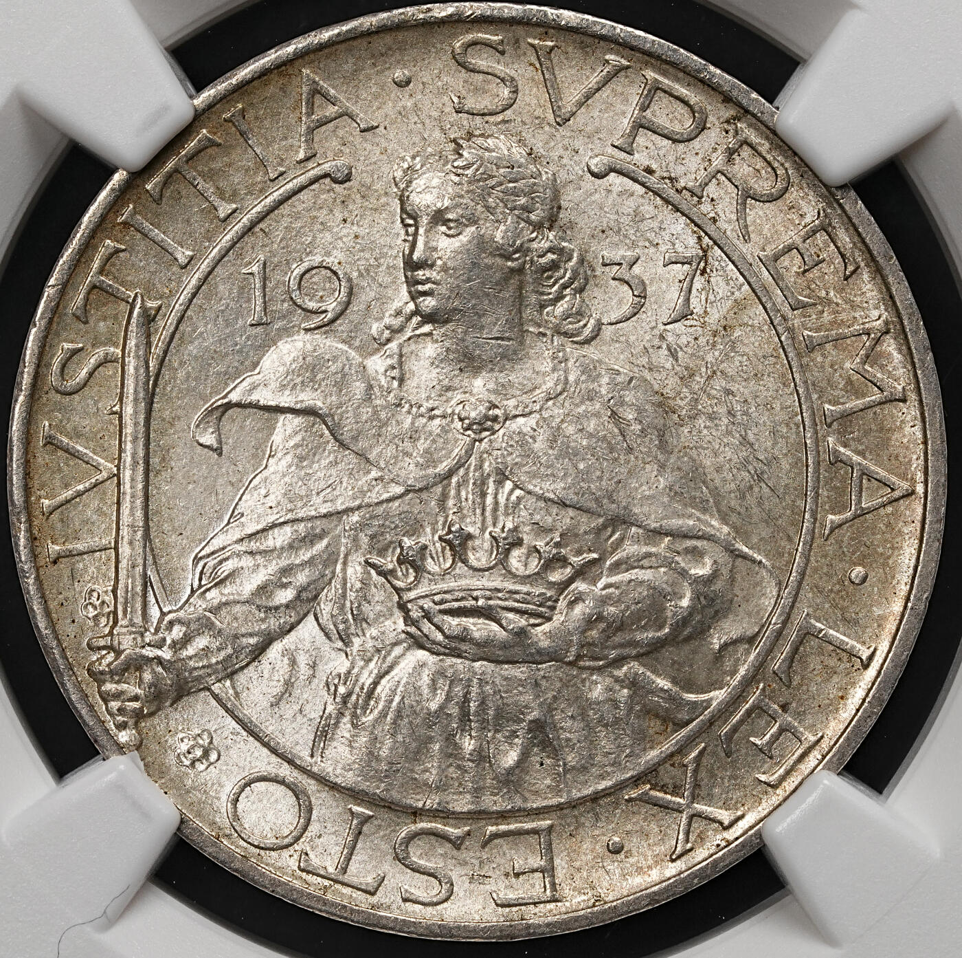 修遠堂世界钱币第109期 NGC MS63 1937年圣马力诺10里拉银币，纸袋包浆