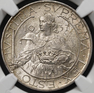 修遠堂世界钱币第109期 - NGC MS63 1937年圣马力诺10里拉银币，纸袋包浆