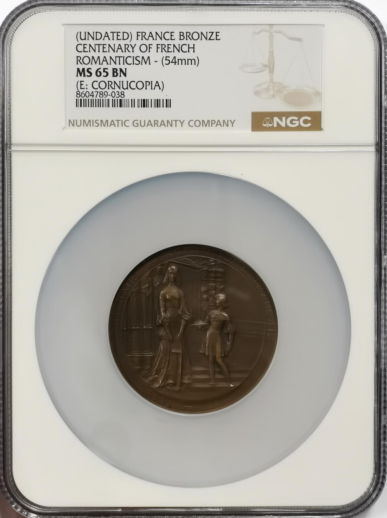 博洋堂“芳菲春韵”3月精品大拍专场暨第166期（全场包邮） NGC MS65BN 法国浪漫主义百年纪念大铜章，54mm，背面的碑文上有雨果、大仲马等浪漫主义文学巨匠