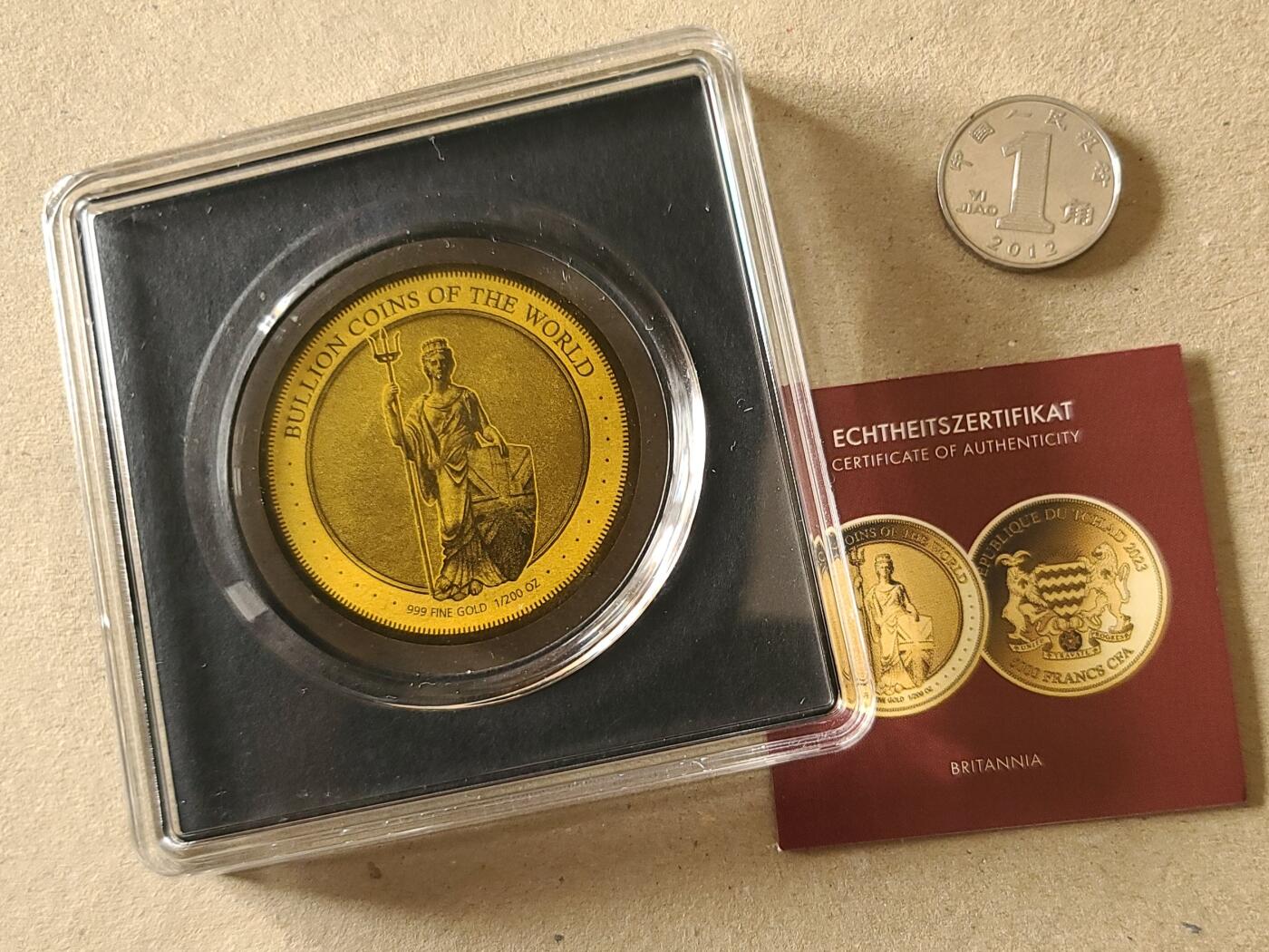 【币将精彩】世界钱币拍卖（2026-4-15） 乍得2023年不列颠尼亚1/200盎司金币带证书（后配包装）