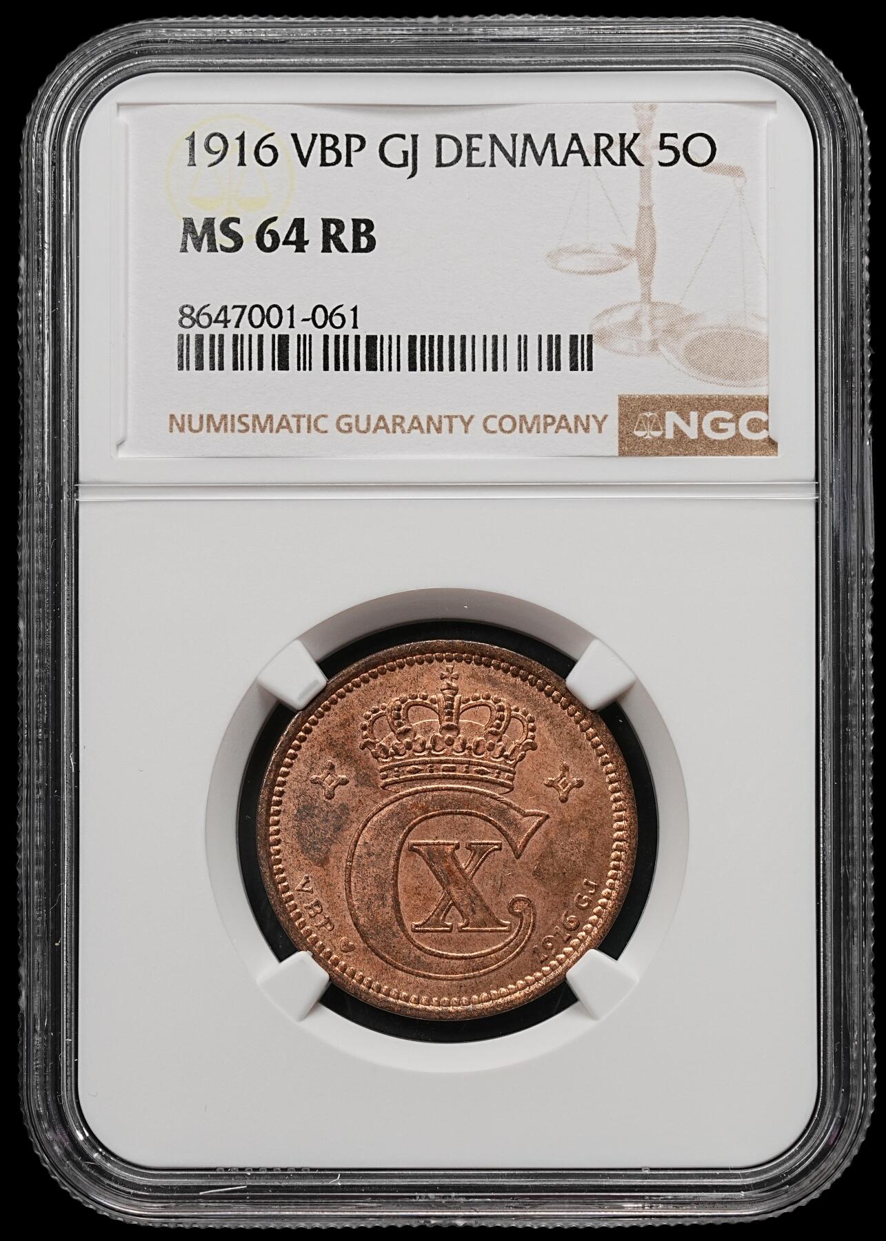 修遠堂世界钱币第109期 NGC MS64RB 1916年丹麦5欧尔铜币 较少见年份 铸造量只有80多万枚