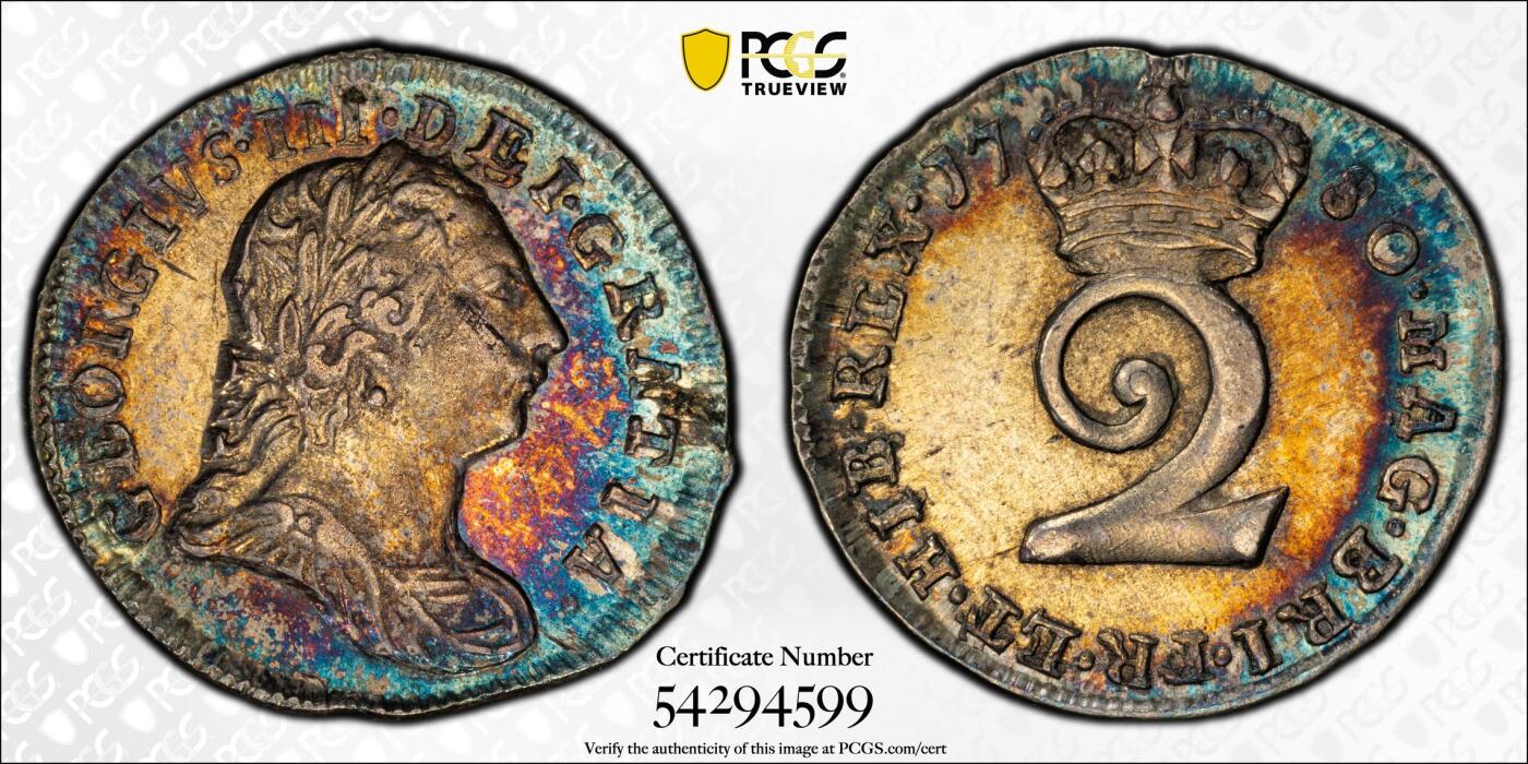 博洋堂“芳菲春韵”3月精品大拍专场暨第166期（全场包邮） PCGS AU50-MS63 英国1780年乔治三世濯足节4枚银币全套，乔三濯足高分难得一见，4枚包浆状态出众，其中4便士更是冠军分！