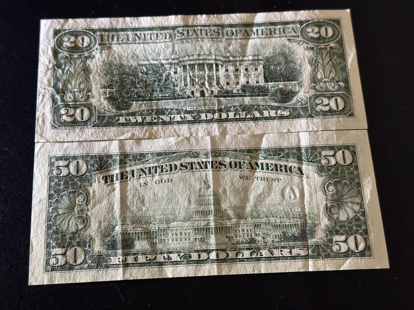 《外钞收藏家》第六百二十期（畅拍场）（长期征集拍品、欢迎藏友们联系合作） 1993年美国小头版20和50美元 2张一起 非全新 AA冠