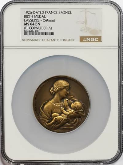 博洋堂“芳菲春韵”3月精品大拍专场暨第166期（全场包邮） - NGC MS64BN 法国1926年贝尔特·苏珊娜诞生纪念大铜章，59mm，著名章牌设计师拉瑟雷创作