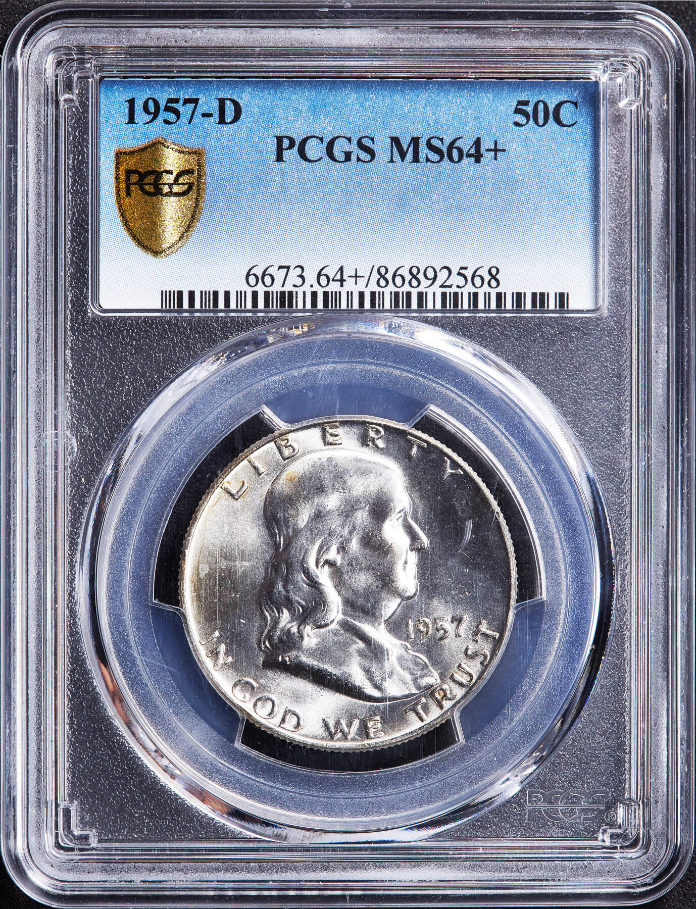 【俄甄集藏】2026年(050)04-01星期三 晚 19:30 全场包邮 美国1957年D版富兰克林50美分银币，PCGS MS64+，转光品相