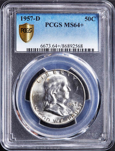 【俄甄集藏】2026年(050)04-01星期三 晚 19:30 全场包邮 - 美国1957年D版富兰克林50美分银币，PCGS MS64+，转光品相