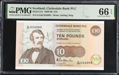 【礼羽收藏】🌏世界钱币拍卖第130期 - 苏格兰 1990年 10镑 E/GR末冠 关门号 此张为倒数第8张 利文斯通与故居 PMG66