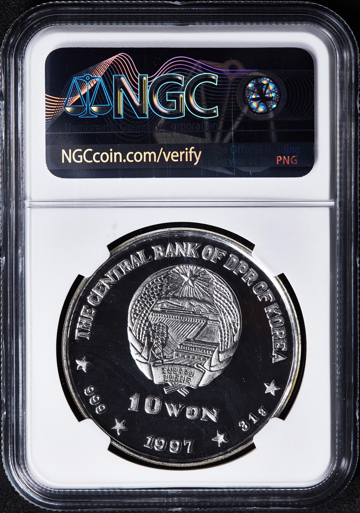 【俄甄集藏】2026年(050)04-01星期三 晚 19:30 全场包邮 朝鲜1997年纪念香港回归中国10元精制大银币，NGC PF67UC，重31克，999银，发行量2000枚