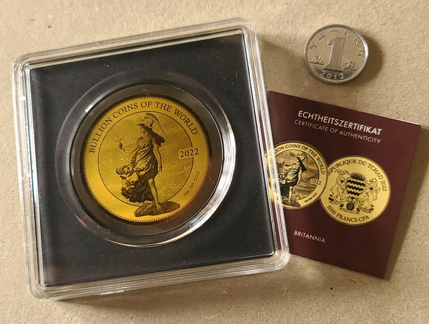 【币将精彩】世界钱币拍卖（2026-4-8） 乍得2022年英国不列颠尼亚1/200盎司金币带证书（后配包装）