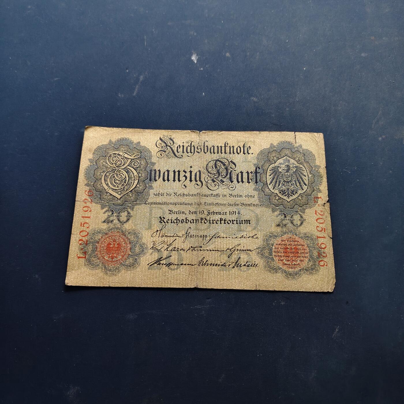 【全场包邮】纯粹捡漏拍514场 【纸钞】德国第二帝国1913年20马克非全新纸钞