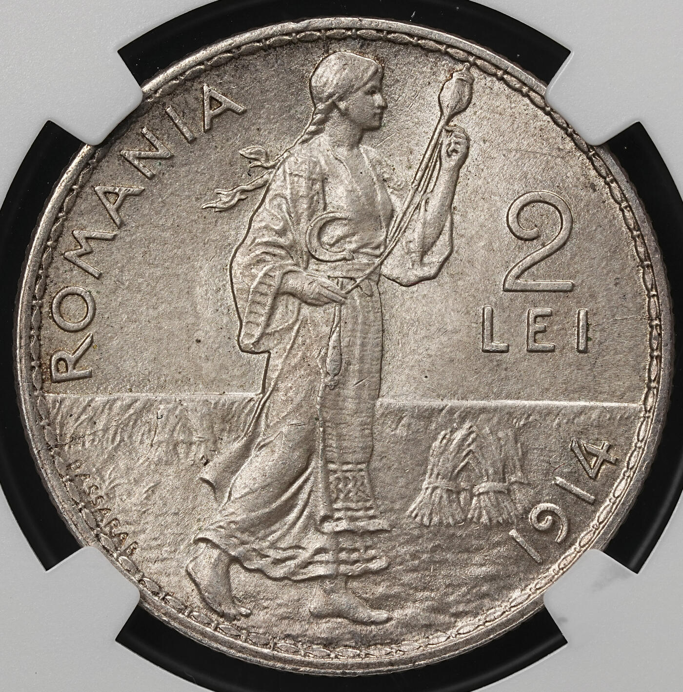 修遠堂世界钱币第109期 NGC MS65 1914年罗马尼亚 卡罗尔一世2列依银币