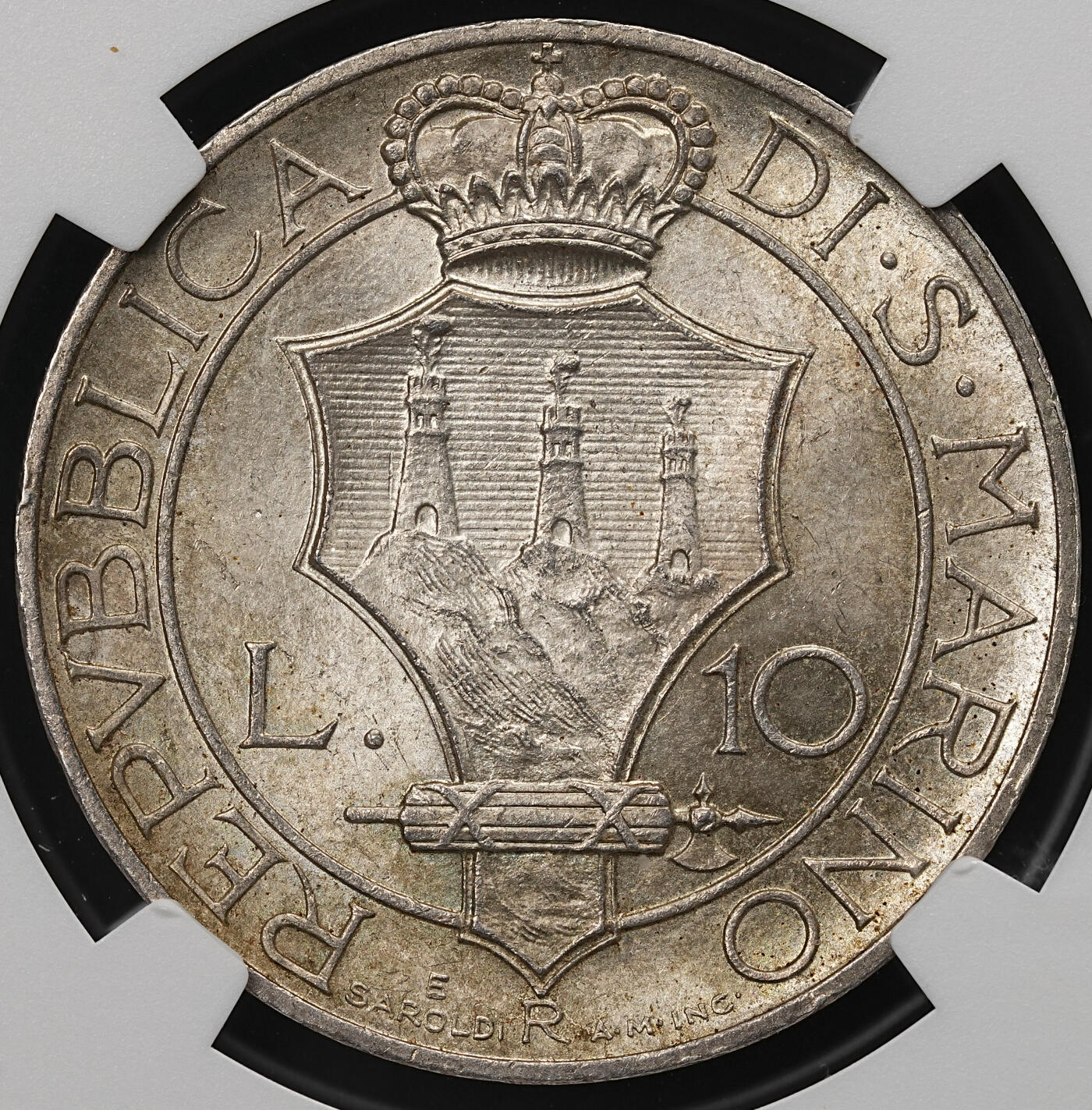 修遠堂世界钱币第109期 NGC MS63 1937年圣马力诺10里拉银币，纸袋包浆