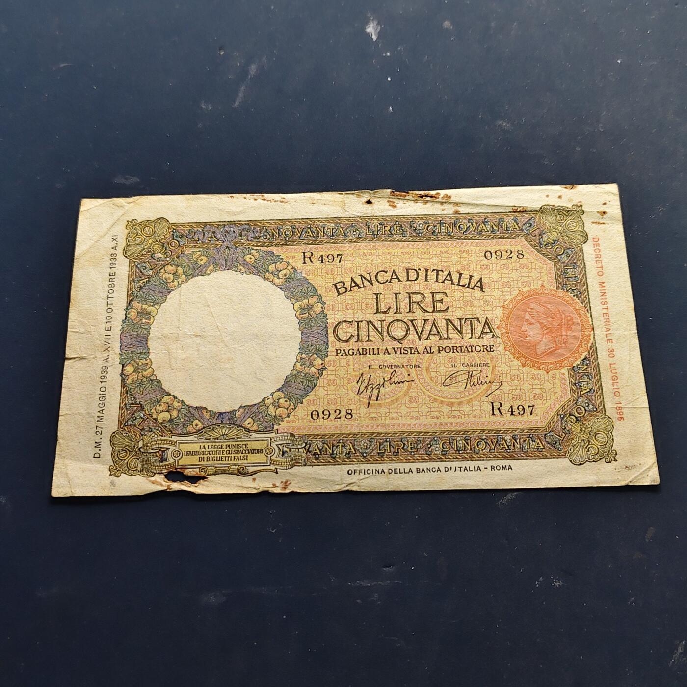 【全场包邮】纯粹捡漏拍514场 【纸钞】意大利王国1938年50里拉非全新纸钞