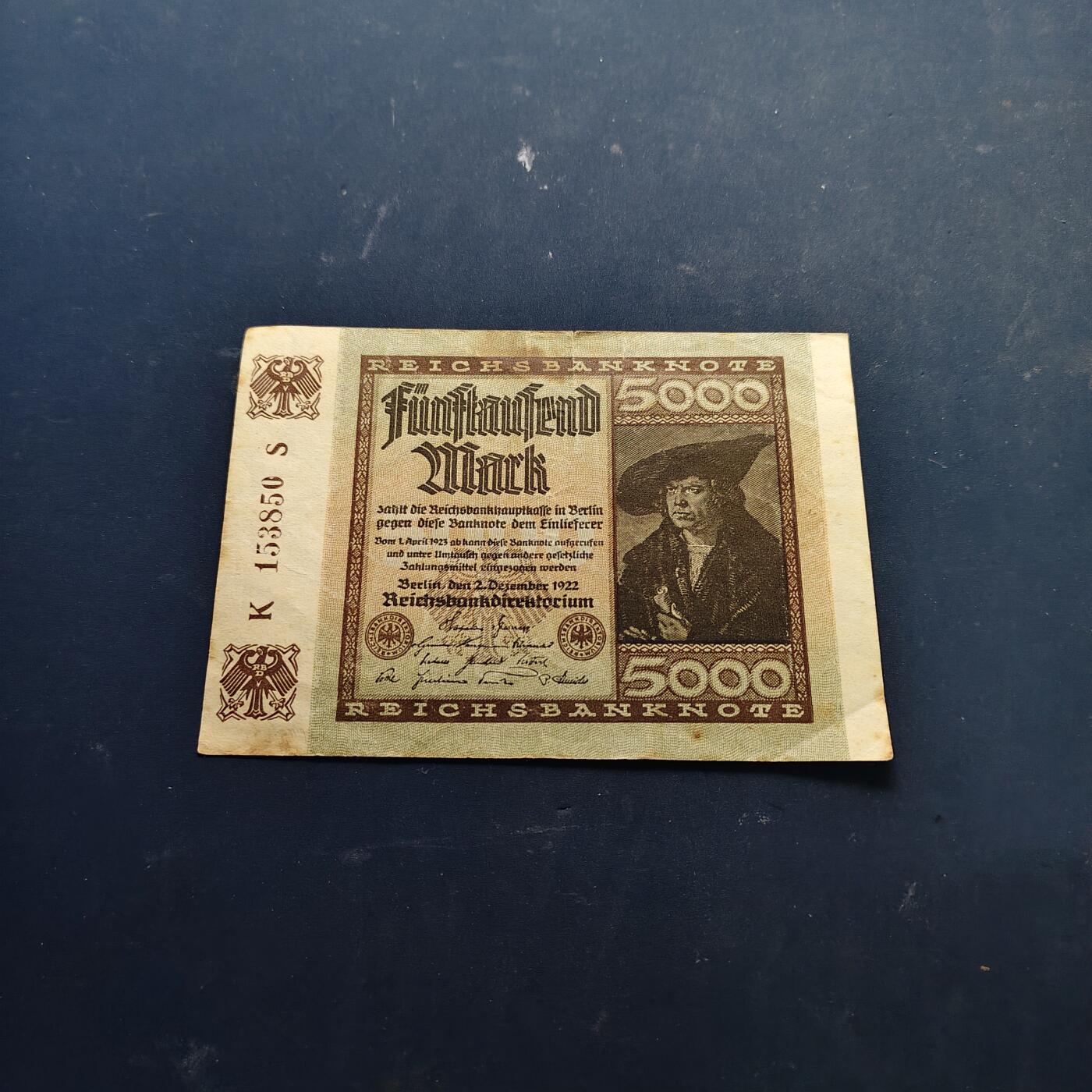 【全场包邮】纯粹捡漏拍514场 【纸钞】德国魏玛共和国1922年5000马克非全新纸钞