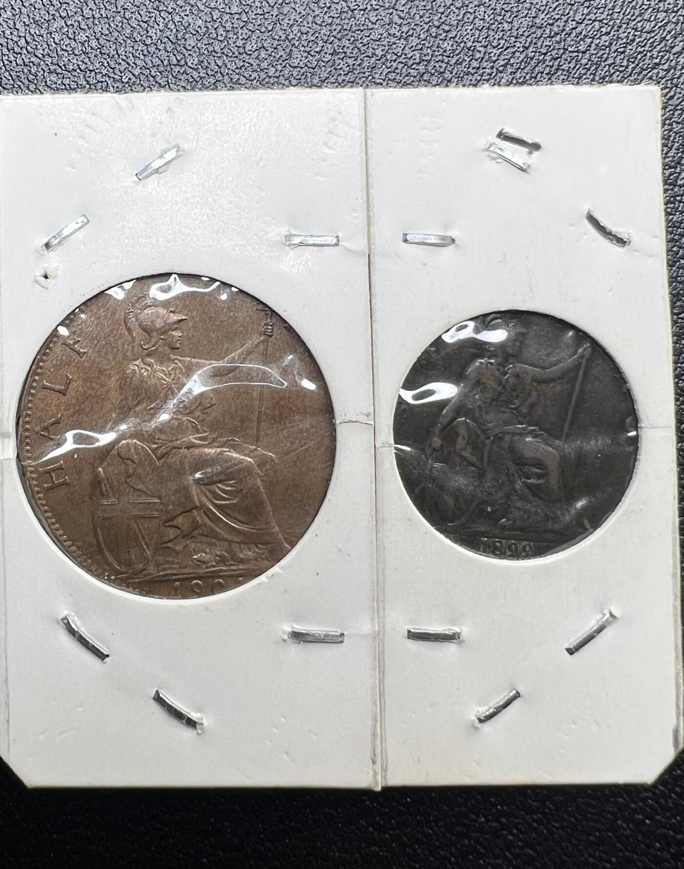 1899/1901 年英国维多利亚女王半便士 + 法新铜币套装 不列颠女神 西洋古币真品