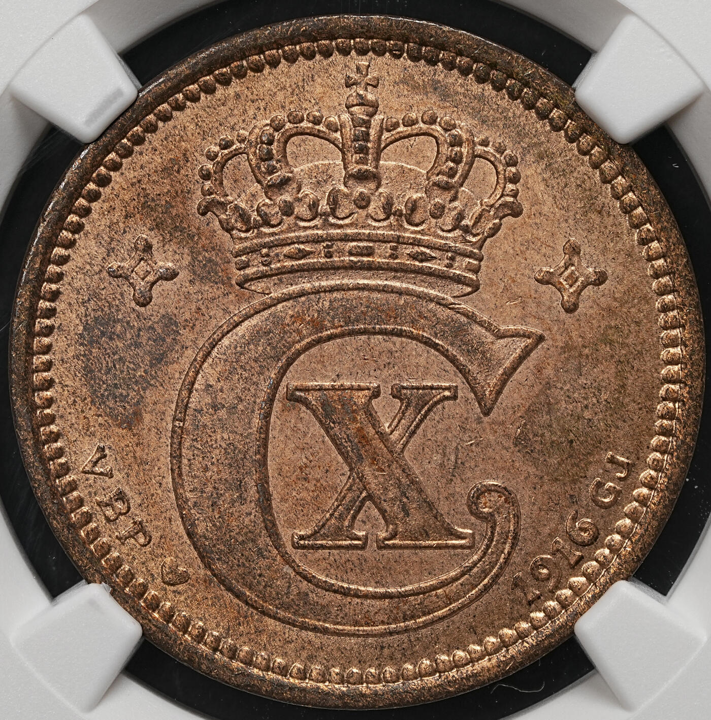 修遠堂世界钱币第109期 NGC MS64RB 1916年丹麦5欧尔铜币 较少见年份 铸造量只有80多万枚