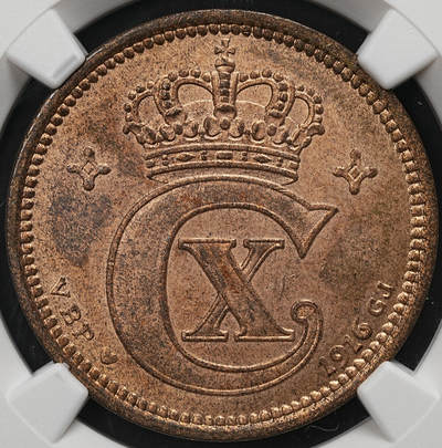 修遠堂世界钱币第109期 - NGC MS64RB 1916年丹麦5欧尔铜币 较少见年份 铸造量只有80多万枚