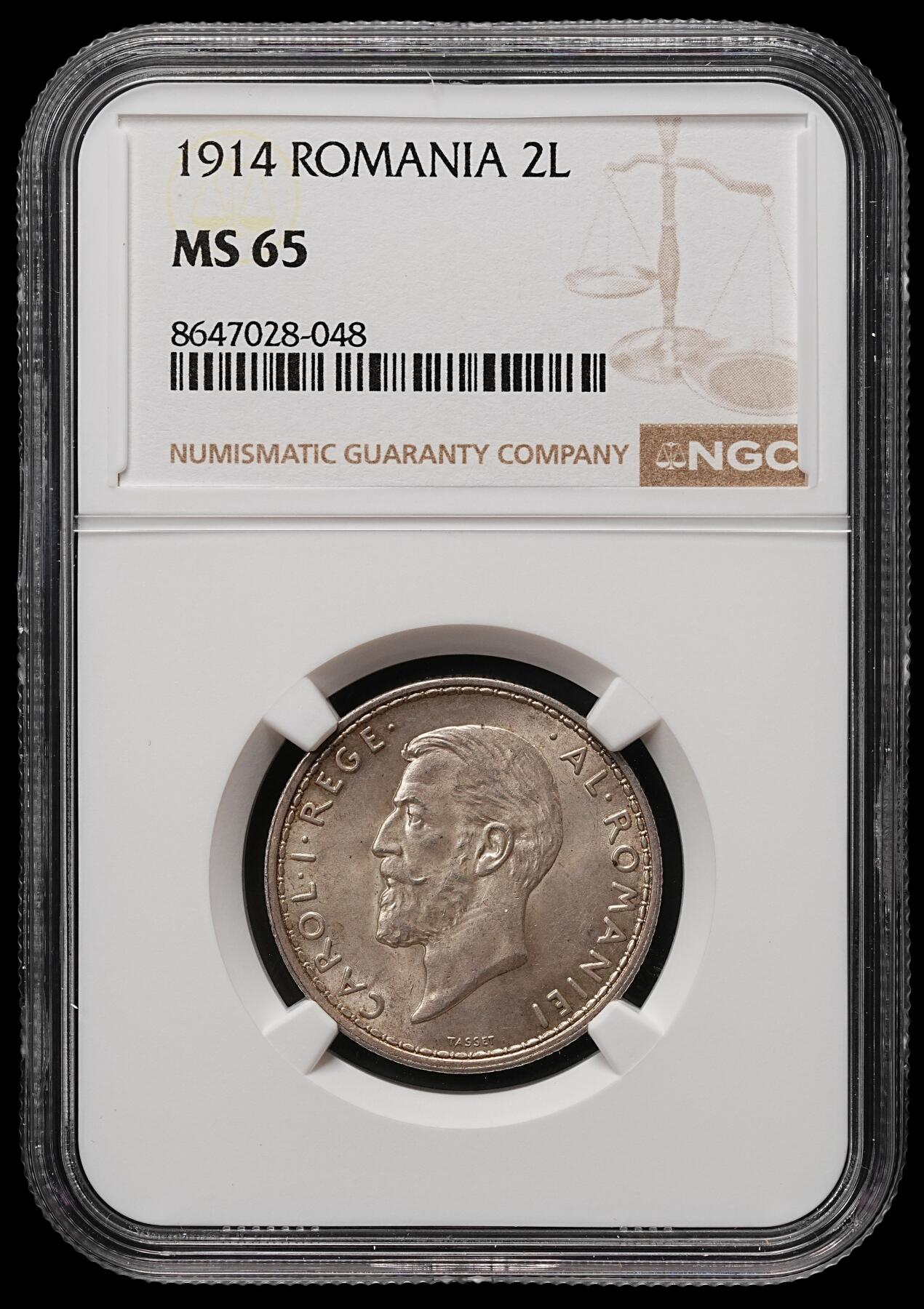 修遠堂世界钱币第109期 NGC MS65 1914年罗马尼亚 卡罗尔一世2列依银币