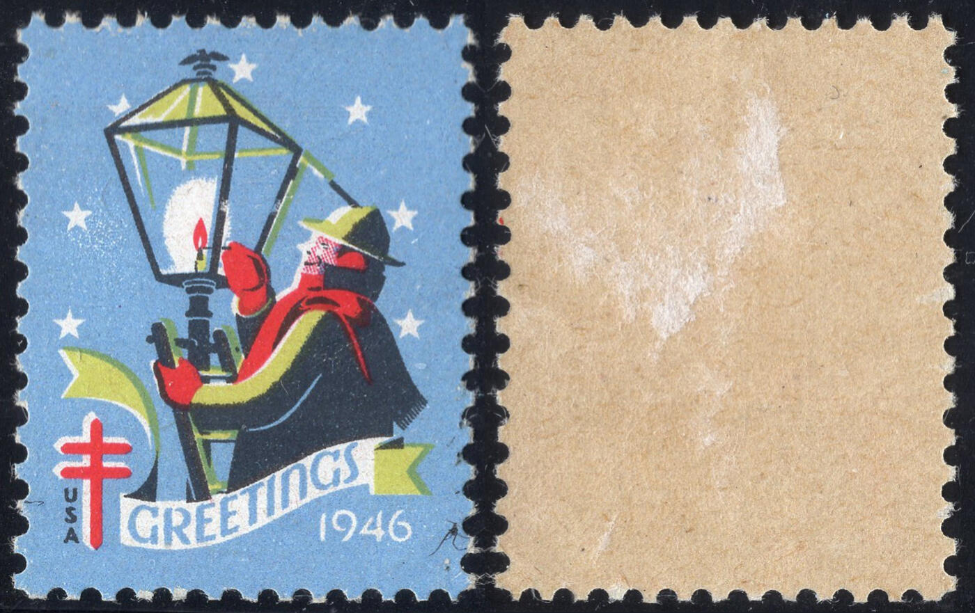 洪涛臻品批发群 精选邮票限时拍卖第1295期  美国圣诞节封缄票1946年 点燃顶部带白头鹰的路灯与防痨病标志  原胶好品