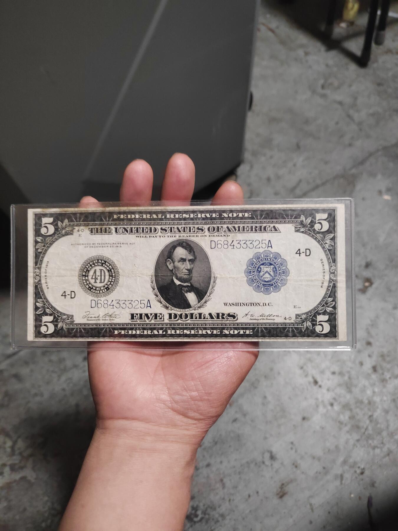 1914年5美元，早期美联储券，大尺寸版，品相如图