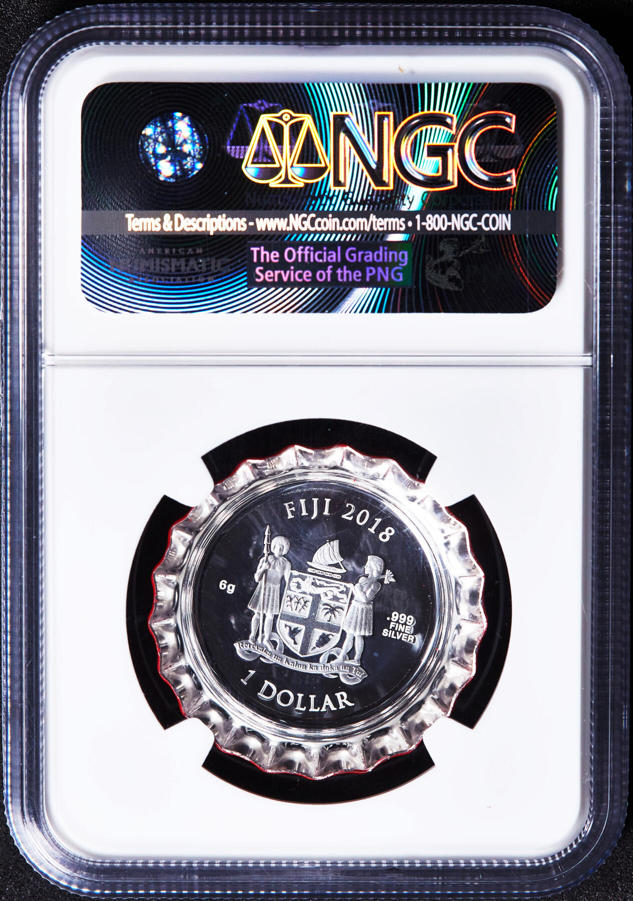 【俄甄集藏】2026年(050)04-01星期三 晚 19:30 全场包邮 斐济2018年可口可乐瓶盖英文版1元精制彩绘银币，NGC PF69UC，重6克，999银，首年份