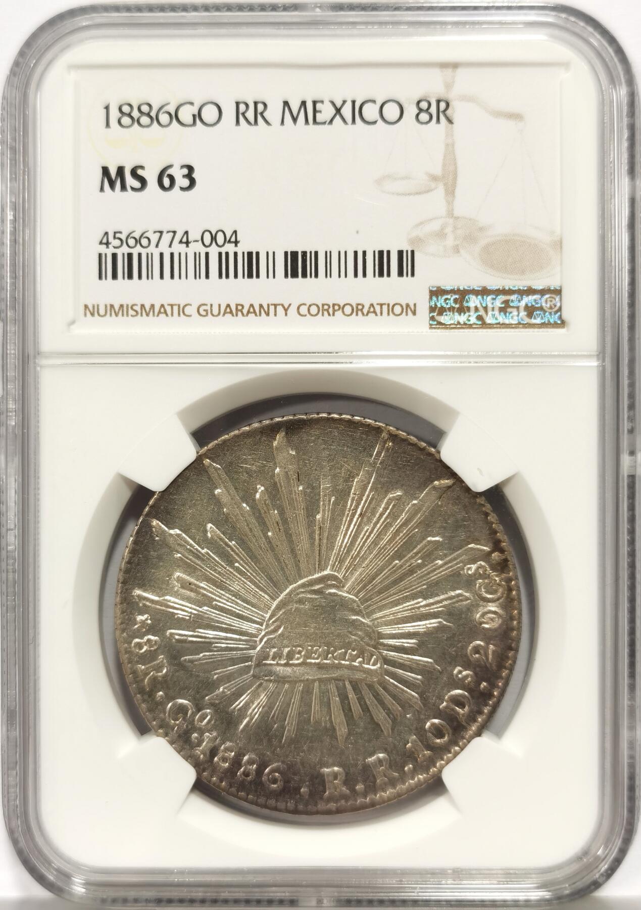 博洋堂“芳菲春韵”3月精品大拍专场暨第166期（全场包邮） NGC MS63 墨西哥1886GO RR版花边鹰洋 转光好状态