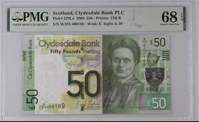 【礼羽收藏】🌏世界钱币拍卖第130期 - 2009年苏格兰克莱兹戴尔银行50镑，PMG68分冠军分，仅4张冠军分，WHS首发冠百位倒置号，难得高分靓号