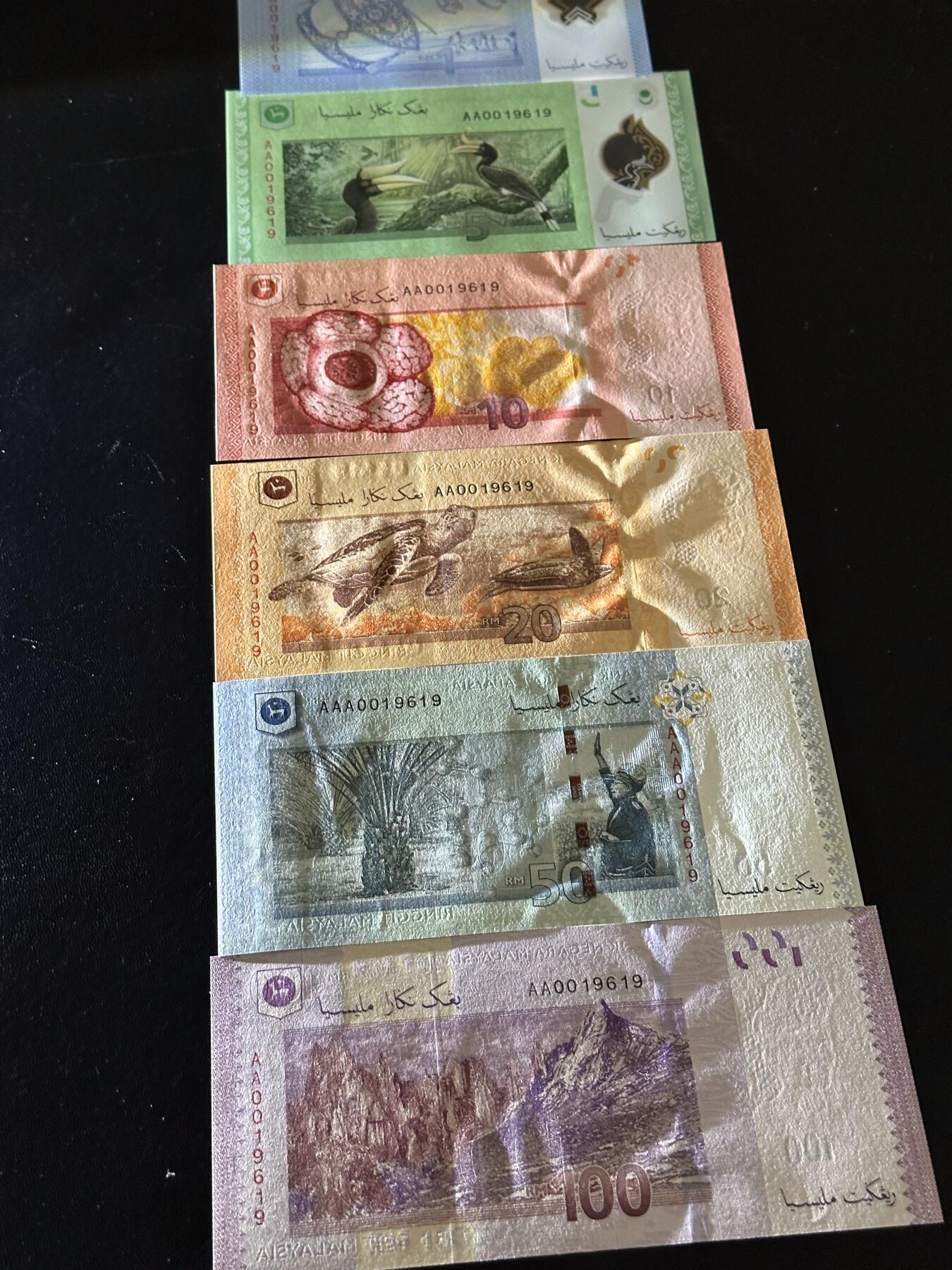 《外钞收藏家》第六百二十期（畅拍场）（长期征集拍品、欢迎藏友们联系合作） 马来西亚1-100林吉特 五张一起 全新 AA冠 全同号19619 生日号 倒置号