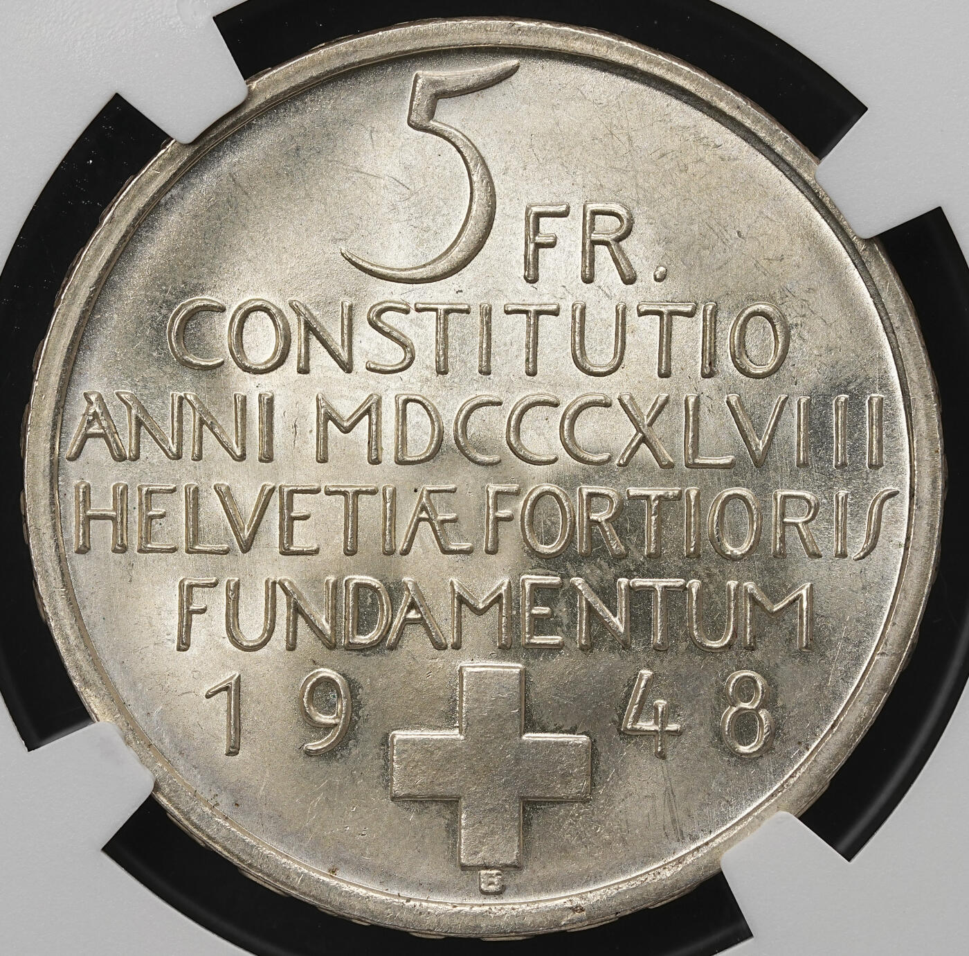 修遠堂世界钱币第109期 NGC MS65 1948年瑞士联邦宪法百年5法郎纪念银币