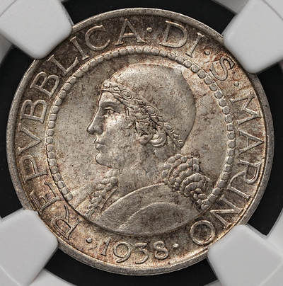 修遠堂世界钱币第109期 - NGC MS65 1938年圣马力诺5里拉银币，幻彩