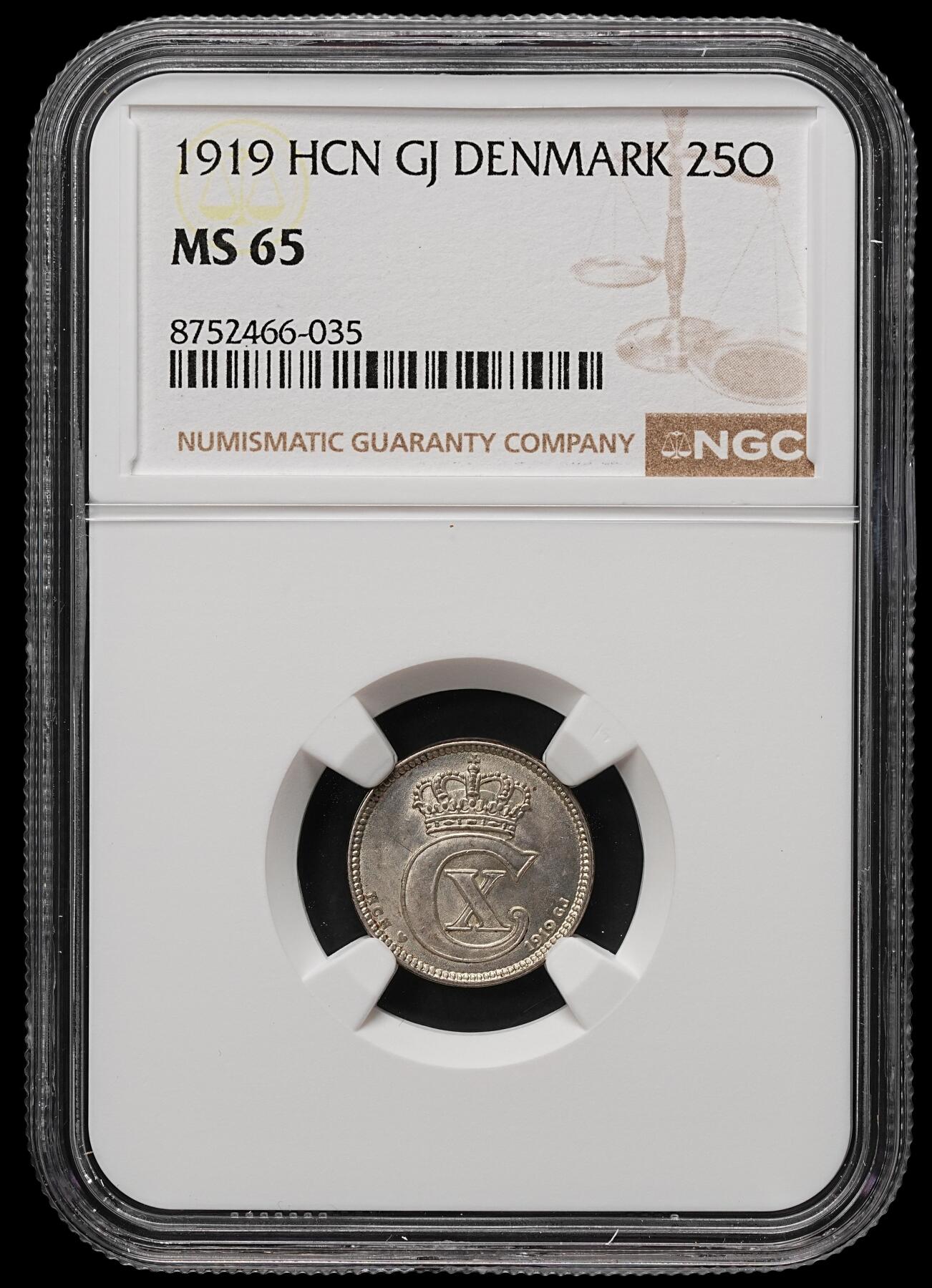 修遠堂世界钱币第109期 NGC MS65 1919年丹麦25欧尔银币