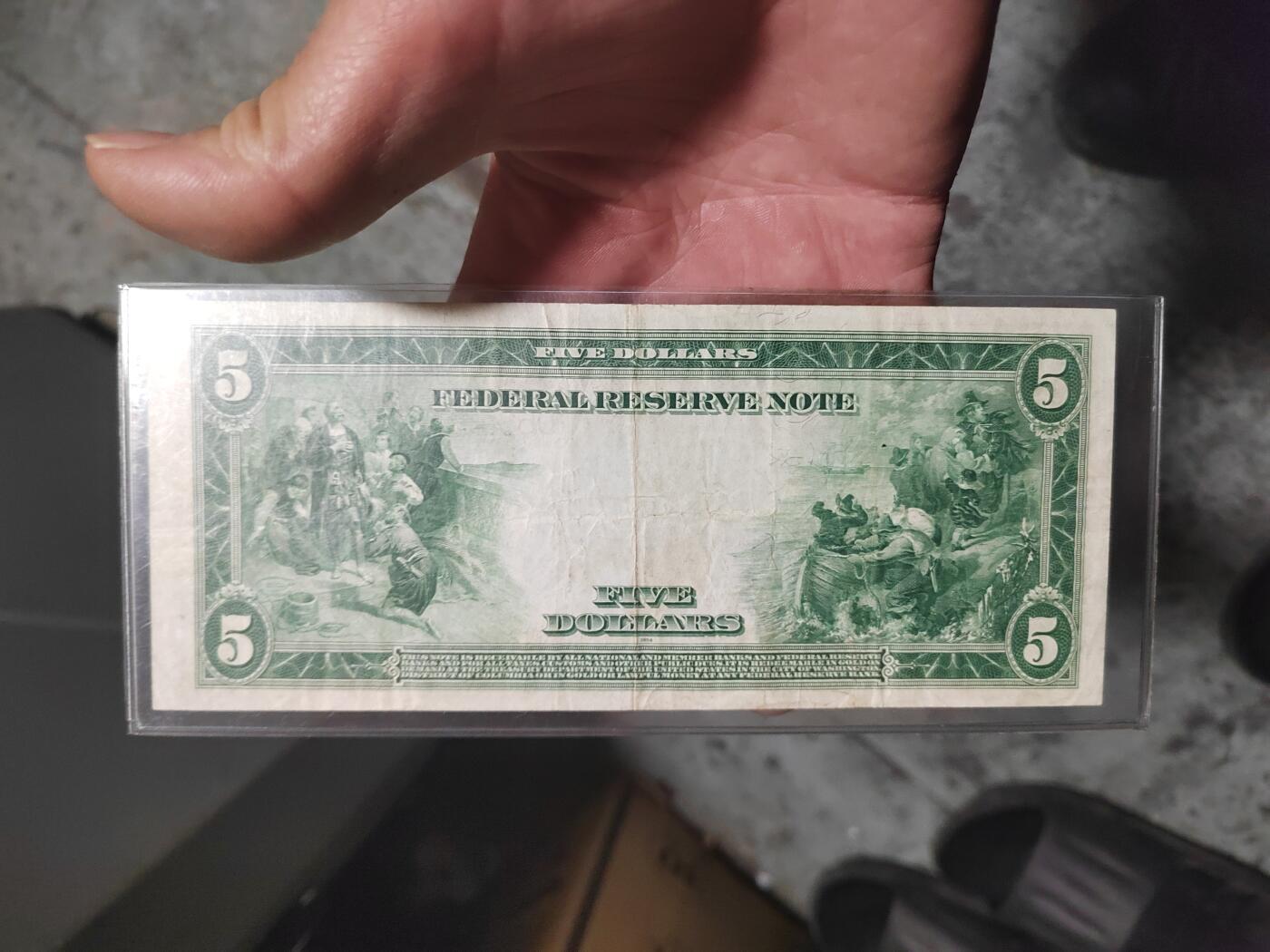 1914年5美元，早期美联储券，大尺寸版，品相如图