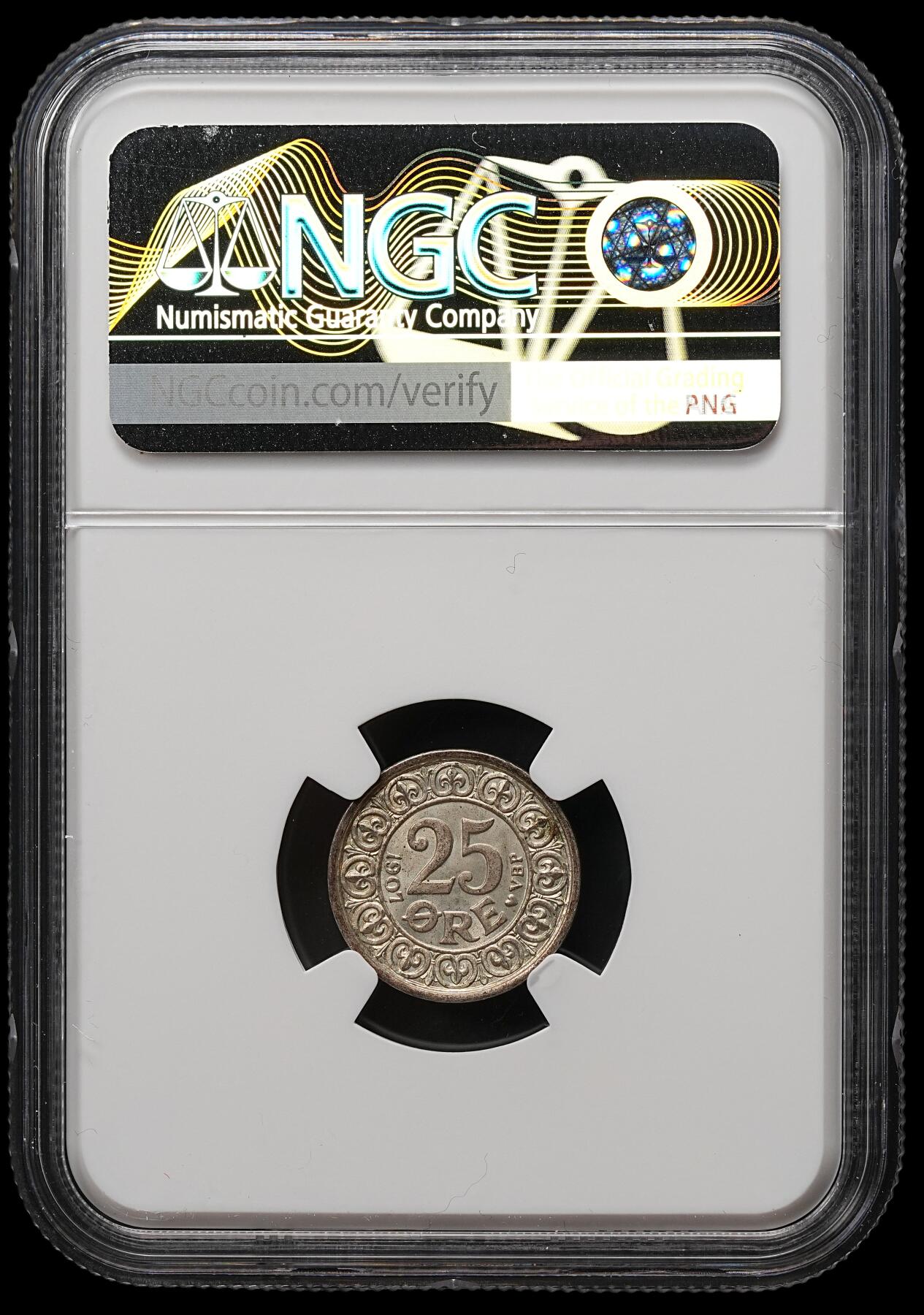 修遠堂世界钱币第109期 NGC MS63 1907年丹麦25欧尔银币