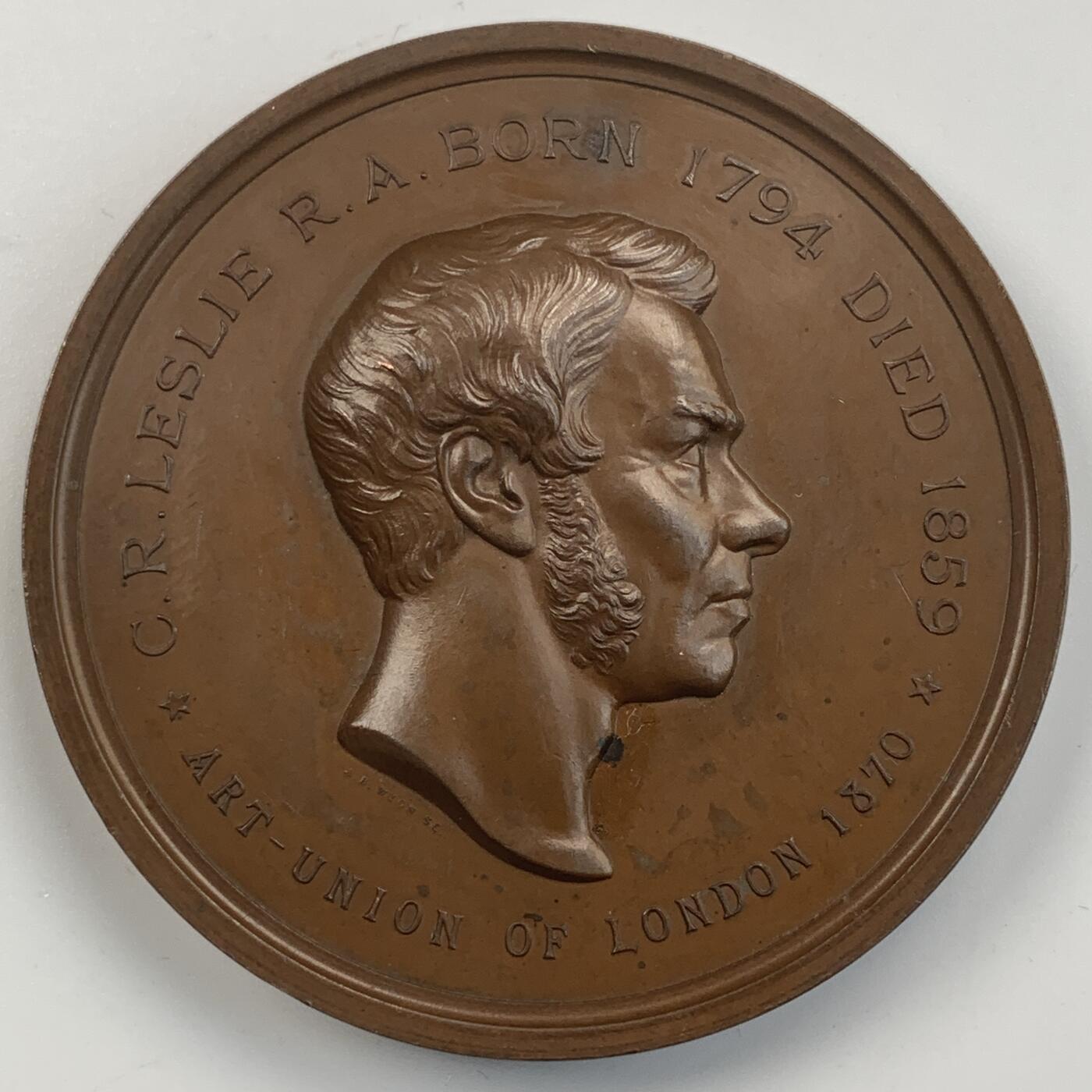 掌中浮雕-藏着的欧洲第056场 1870年英国画家查尔斯•罗伯特•莱斯利纪念章 ，55mm； 英国章标准目录 BHM#2911号