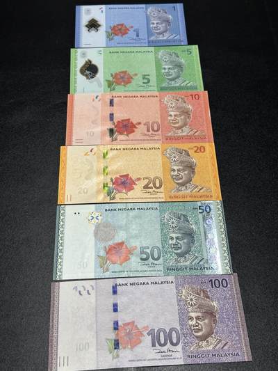 《外钞收藏家》第六百二十期（畅拍场）（长期征集拍品、欢迎藏友们联系合作） - 马来西亚1-100林吉特 五张一起 全新 AA冠 全同号19619 生日号 倒置号